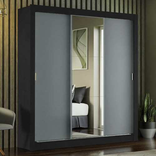 Guarda-roupa Casal Madesa Mônaco 3 Portas Correr Espelho Pc Cor Preto/cinza 1093h91e