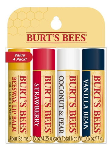 Kit Protector Labial Burt's Bees 100% Natural C/ 4 Sabores