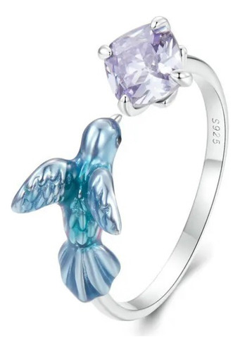 Anillo Ajustable Para Mujer Pájaro Colibrí Rama En Plata 925