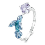 Anillo Ajustable Para Mujer Pájaro Colibrí Rama En Plata 925