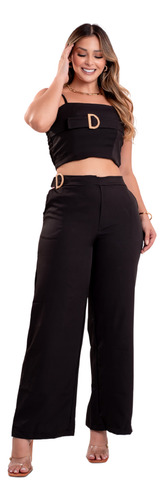 Calça Pantalona + Cropped Conjunto Feminino Preto