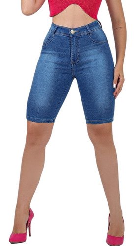 Bermuda Jeans Feminina Ciclista Lycra Elastano Até O Joelho