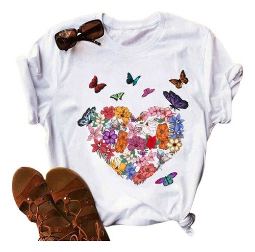 Playera De Moda Para Mujer Casual Camiseta Corazón Butterfly