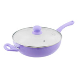 Wok Sarten 26 Cm Ceramica Antiadherente C/ Tapa Vidrio Lila