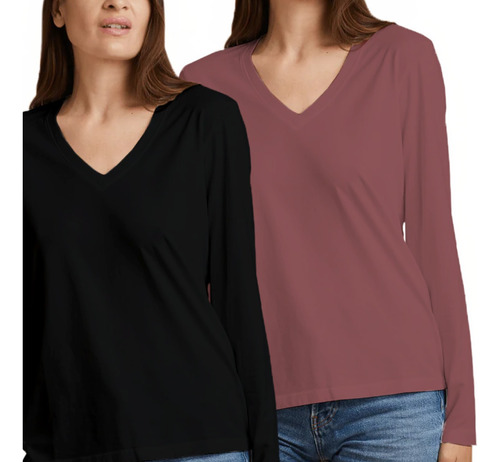 Pack X2 Remera Mujer Cuello V Básica Manga Larga Algodon