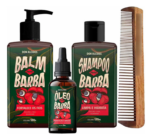 Kit Balm Óleo Shampoo Pente Duplo Barba Guaraná Don Alcides