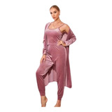 Pijama Feminino Luxo 3 Pçs Calça, Kimono E Alcinha Em Veludo