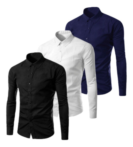 Kit 3 Camisa Social Manga Longa Luxo Slim Fit Masculina