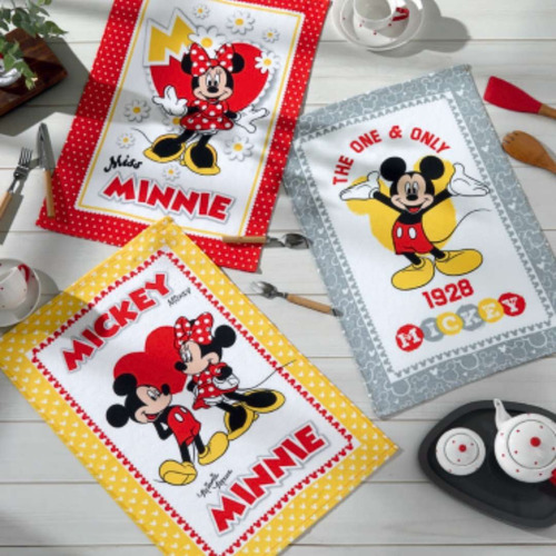 Kit 3 Panos De Pratos Dohler Mickey E Minnie 100% Algodão