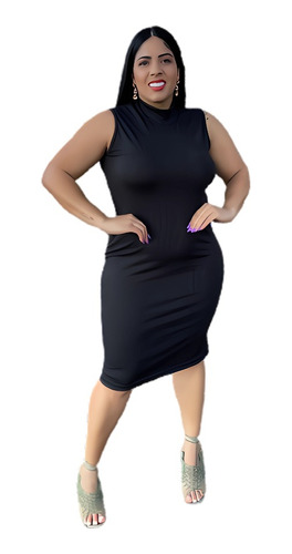 Vestido Plus Size  Canelado Gola Alta Cavado  Midi 