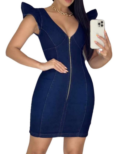 Vestido Feminino Zíper Jeans Com Lycra Moda Casual