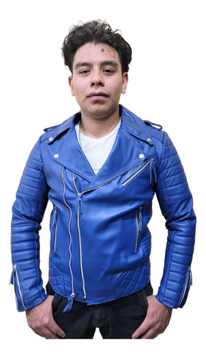 Chamarra Biker De Piel Para Hombre Rockera De Cuero Azul