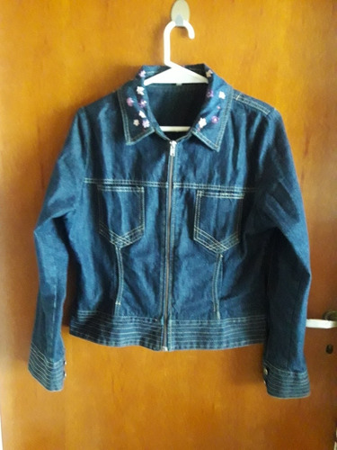 Campera De Jean Azul Oscuro Con Cierre Pintada A Mano