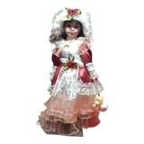 Muñeca De Porcelana Grande Morocha Con Vestido Blanco Y Rojo