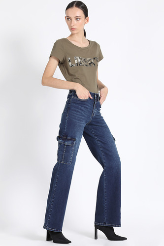 Jeans Straight Cargo, Tiro Medio, Azul Liola