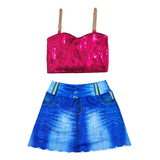 Conjunto Infantil De Menina Top Paetê Saia Short Imita Jeans