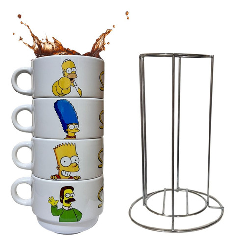 Kit 4 Xícaras De Café The Simpsons Torre Com Suporte 150ml