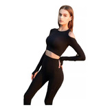 Conjunto Calza Frunce Top Manga Larga Sin Costura Seamless 