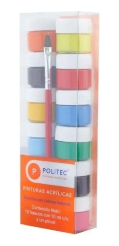 Kit Pinturas Acrílicas 12 Colores 10 Ml C/u + Pincel Politec