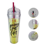 Vaso Acrílico Doble Pared Tapa Popote Glitter Tornasol 700ml