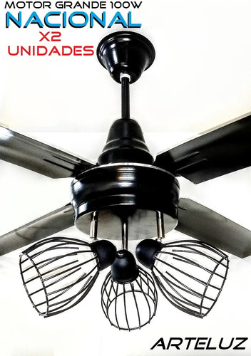 Ventilador Negro Pala De Chapa + Plafon 3l Jaula S/lamp X2u