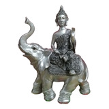 Adorno Figura Decorativa Buda Sobre Elefante Gris Negro 29cm