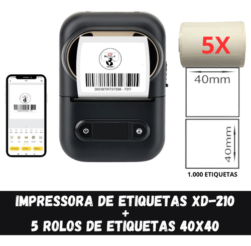 Impressora Bluetooth Xd-210 + 5 Rolos Etiqueta Adesiva 40x40