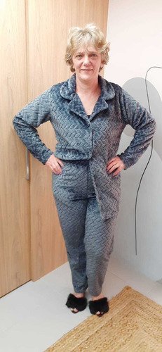 Pijama Feminino Fleece Trabalhado Aberto Com Gola