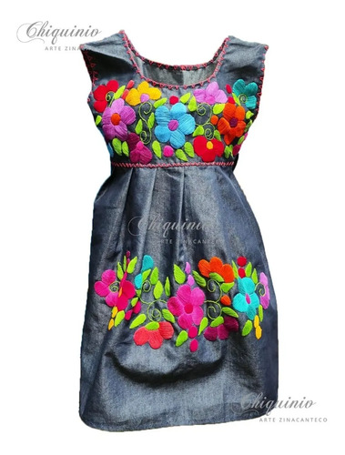 Vestido Mezclilla Niña Bordado A Mano Artesanal Chiapaneca