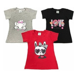 3 Blusas Camisetas Infantil Blusinha Baby Look Menina Verão