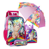 Kit Mochila Rodinhas Escolar Unicornio Fofa Brilho Meninas