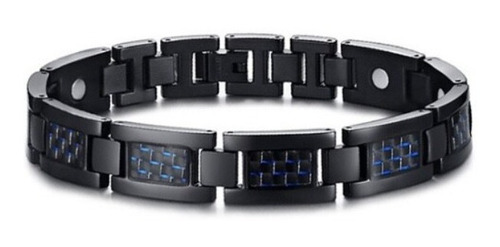 Pulsera Magnética Acero Fibra Carbono Azul Para Hombre