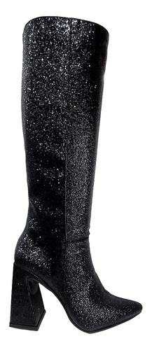 Botas Mujer Caña Alta Taco Glitter Negro Y Plata Cierre 9562