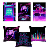 Kit 3 Quadros + 3 Capas De Almofadas Quarto Vídeo Game Neon