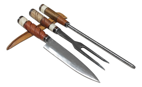 Cuchillo Artesanal Criollo + Chaira Y Tenedor Set ×3 