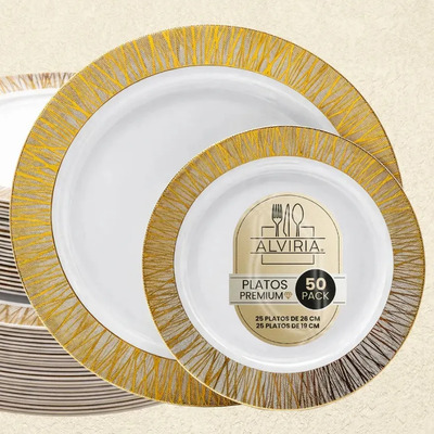 Platos De Plástico Reutilizables Y Elegantes 50 Pzas Alviria Dorado Venecia | Meses sin interés