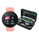 Auriculares Inalámbricos F9 + Smartwatch Reloj D18 Rosa