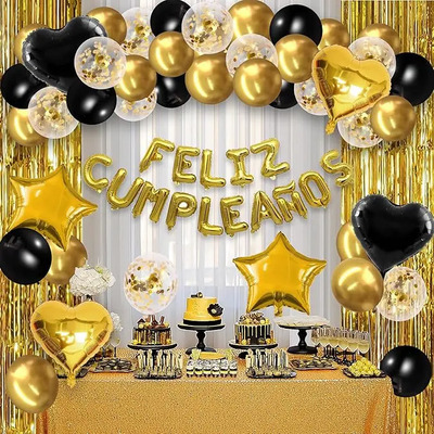 Globos De Cumpleaños Con Letrero Español Feliz Cumpleaños Globos Metálicos Decoracion Cumpleaños Para Mujer Y Hombre Con Cortinas Brillantes Para Fiesta De Cumpleaños Oro Negro 62 Pzs | Meses sin interés