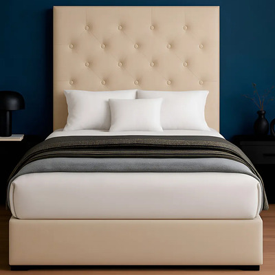 Cama Recamara Base Box Cabecera Quintana Para Colchon King Size Madera Tapiz Lino Beige