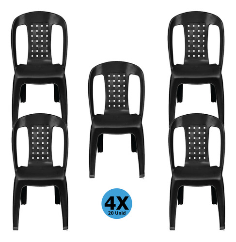 Kit 20 Cadeiras Plástica Preta Bistrô P/até 150kg Resistente