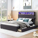 Cama Con Almacenamiento Y Cabecera Led, Usb, 2 Cajones (gris