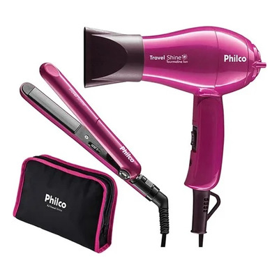 Kit Secador Chapinha Philco Travel Mini Bivolt Rosa + Bolsa