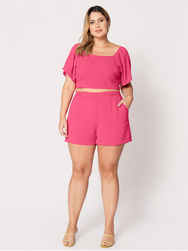 Conjunto De Shorts E Cropped Plus Size Casual Verão Liso