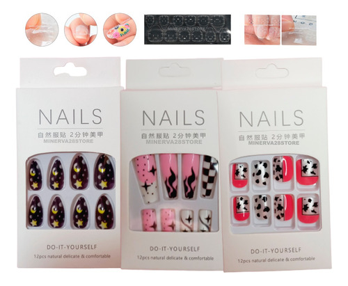 Kit Tips Uñas Postizas Con Diseños X3  Con Adhesivo Manicura