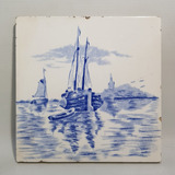 Antiguo Azulejo Tipo Delft Barco Tonos Azules 15 Cm 7026