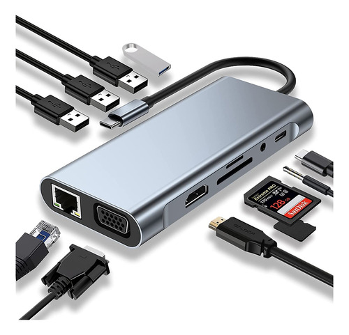 Hub Usb C 11 En 1 Con 4k Hdmi Vga Rj45 Usb Aux Compatible Co