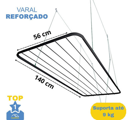 Varal De Teto 1,40m X 56 Cm Grande Reforçado Kit Instalação Cor Varal De Teto Preto