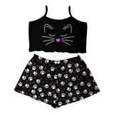 Conjunto Pijama Feminino Curto Adulto Gato Blusa Short Doll