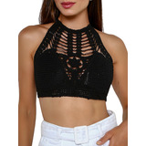  Top Cropped Crochê Tricot Frente Única Artesanal Feminino