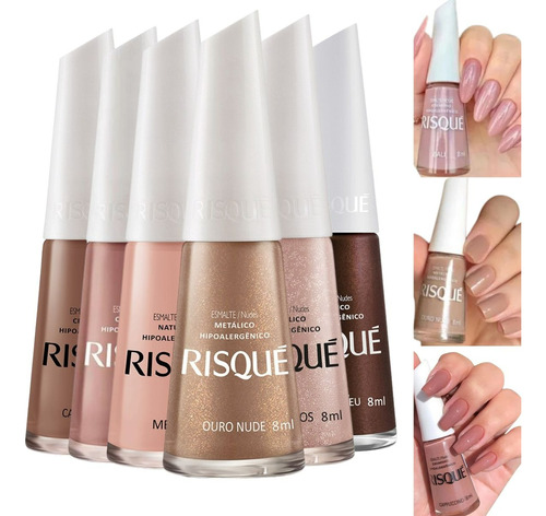 Kit 6 Esmaltes Risque Tons Nude Hipoalergênico